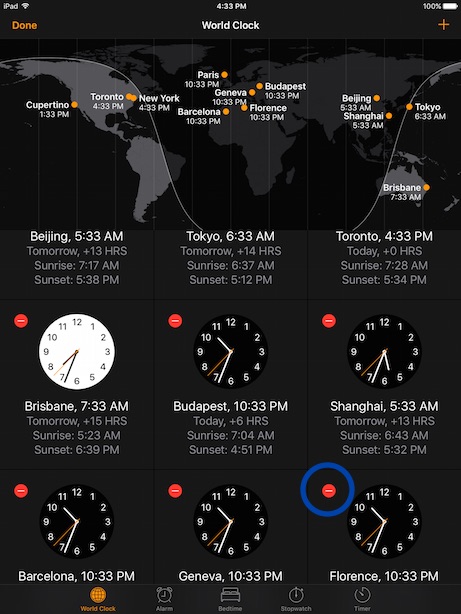 iPad World Clock Delete Clock