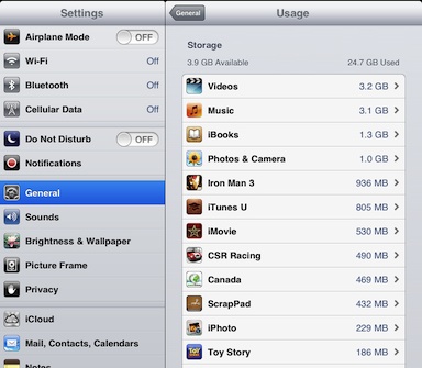 ipad memory settings general usage storage