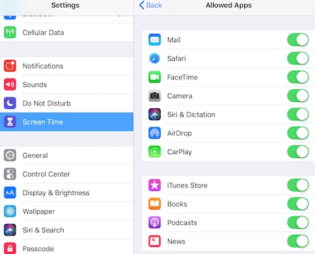 ipad screen time allowed apps list